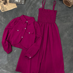 Kaaj Button Coati With Gazzer Romper Frock 2Pcs